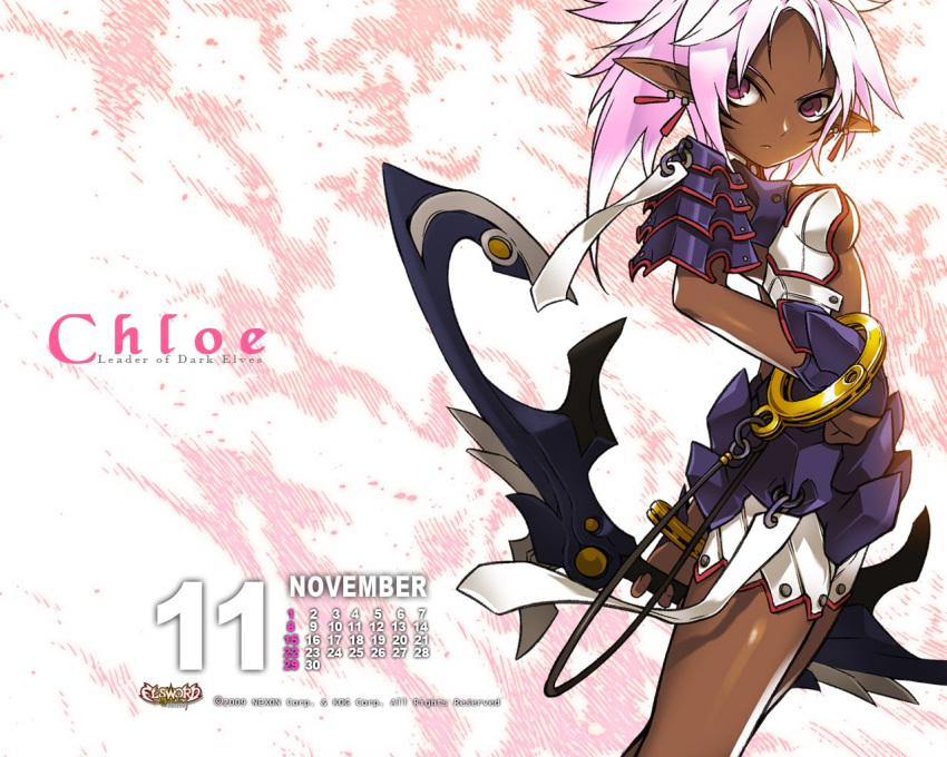 bow_(weapon), breasts, calendar, character_name, chloe_(elsword), dark_skin, elsword, official_art, pointy_ears, purple_eyes, purple_hair, ress, short_hair, shorts, solo, violet_eyes, weapon