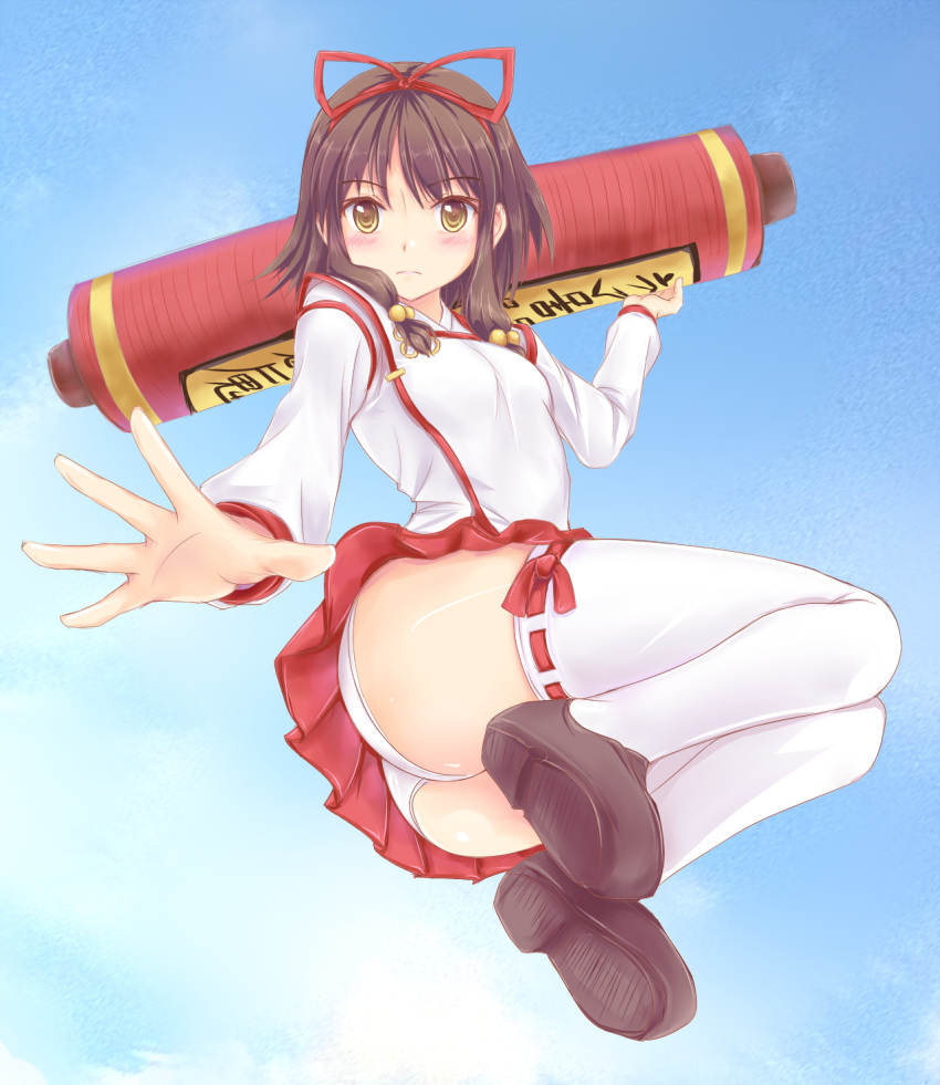 bell, blush, brown_hair, character_request, emi_shiori, from_below, highres, minazuki_(jo)
