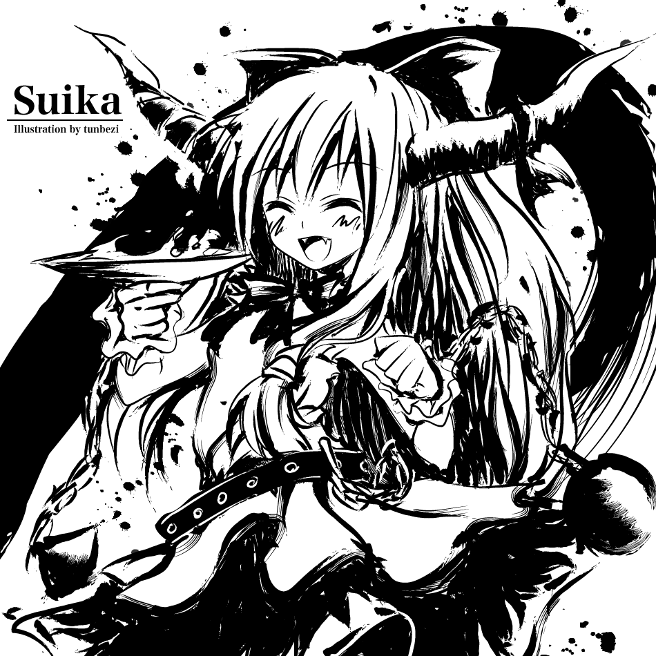 blush, bow, closed_eyes, eyes_closed, fangs, hair_bow, horn_ribbon, horns