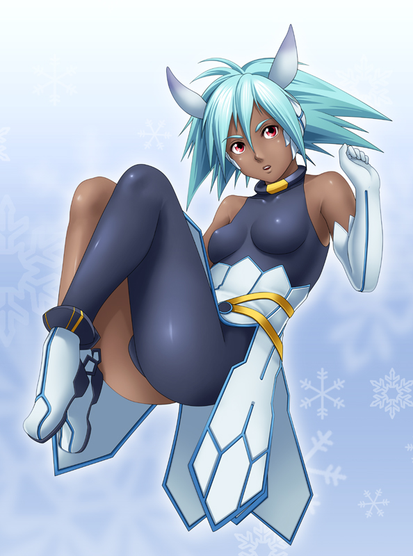 aqua_hair, asymmetrical_clothes, asymmetrical_clothing, bare_shoulders, celsius, dark_skin, deep_rising, elbow_gloves
