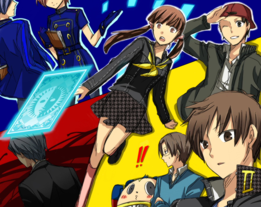 adult, arisato_minato, baseball_cap, blue_hair, brown_hair, card, character_request, doujima_nanako