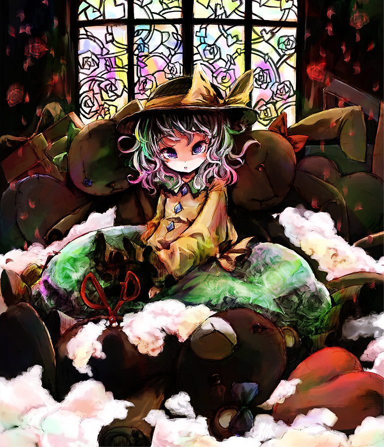 ast, blue_eyes, blush, flower, gift, green_hair, hat, komeiji_koishi, petals, rose, scissors, short_hair, silver_hair, sitting, skirt, smile, solo, stained_glass, stuffed_animal, stuffed_toy, sun_hat, teddy_bear, tedy_bear, touhou
