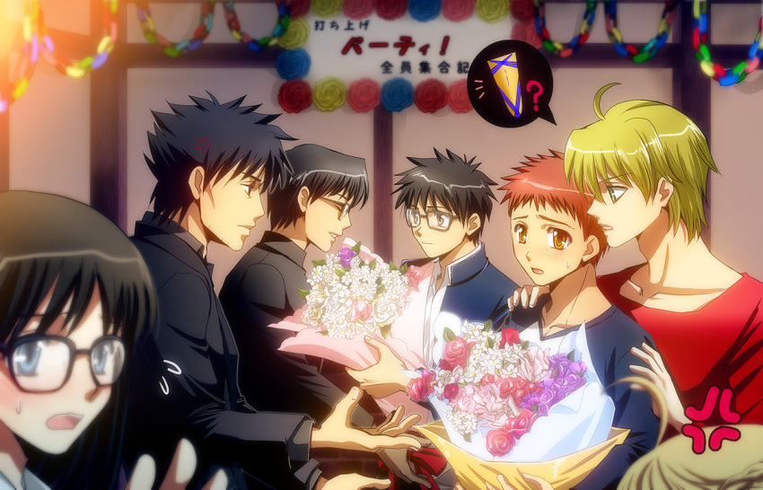 5boys, age_difference, ahoge, anger_vein, avalon_(fate/stay_night), black_eyes, black_hair, blonde_hair