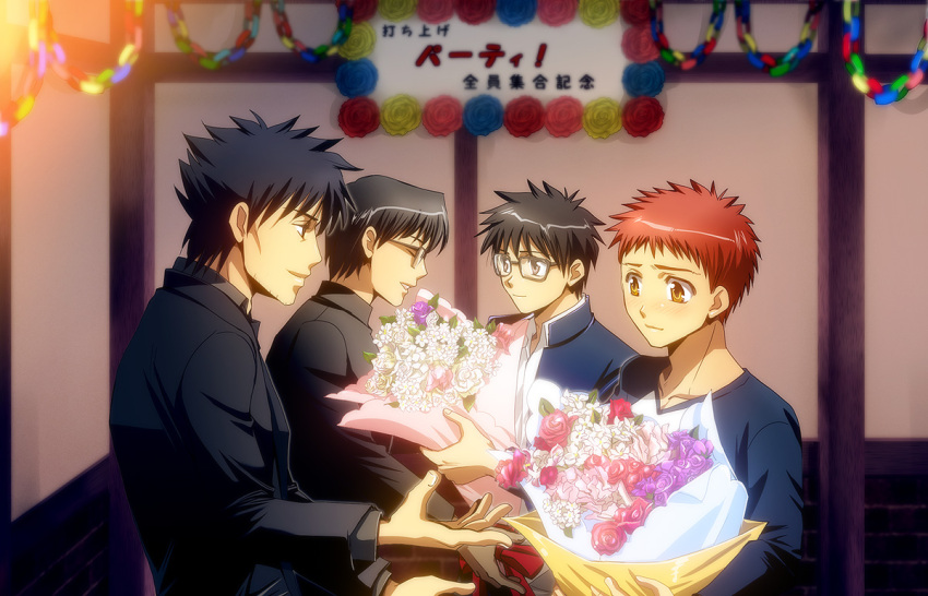 age_difference, black_eyes, black_hair, blue_eyes, blue_rose, bouquet, carnival_phantasm, emiya_kiritsugu