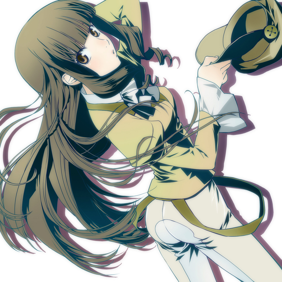akutagawa_manbou, blush, brown_eyes, brown_hair, dutch_angle, hat, kaishou_rie, long_hair, looking_back, looking_up, open_mouth, solo, un-go