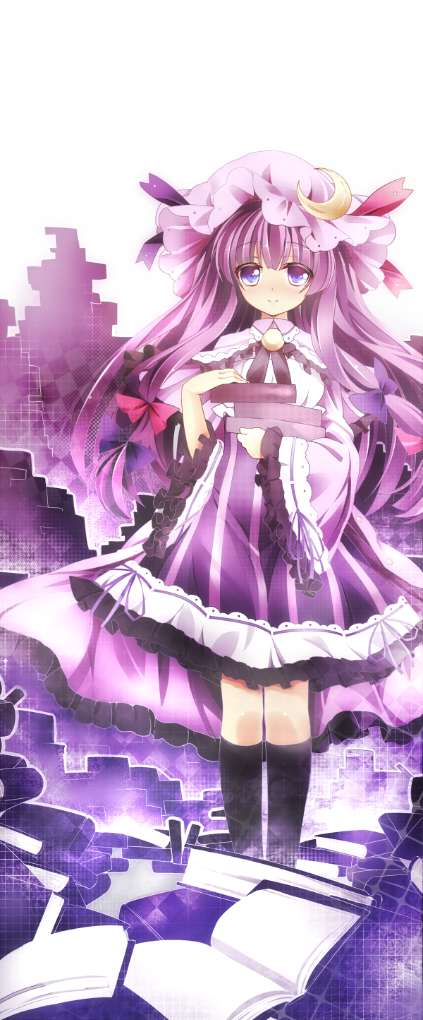 black_legwear, blue_eyes, blush, book, capelet, crescent, dress, embellished_costume