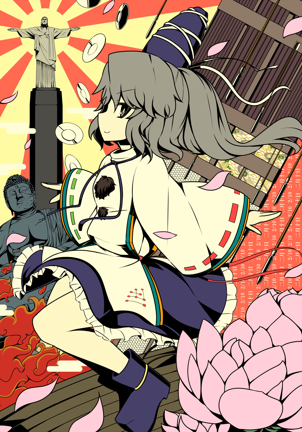aho, arrow, buddha, christ_the_redeemer, flower, grey_eyes, grey_hair, hat, highres, japanese_clothes, jesus, kariginu, lotus, mononobe_no_futo, petals, ponytail, solo, statue, tate_eboshi, touhou, wide_sleeves