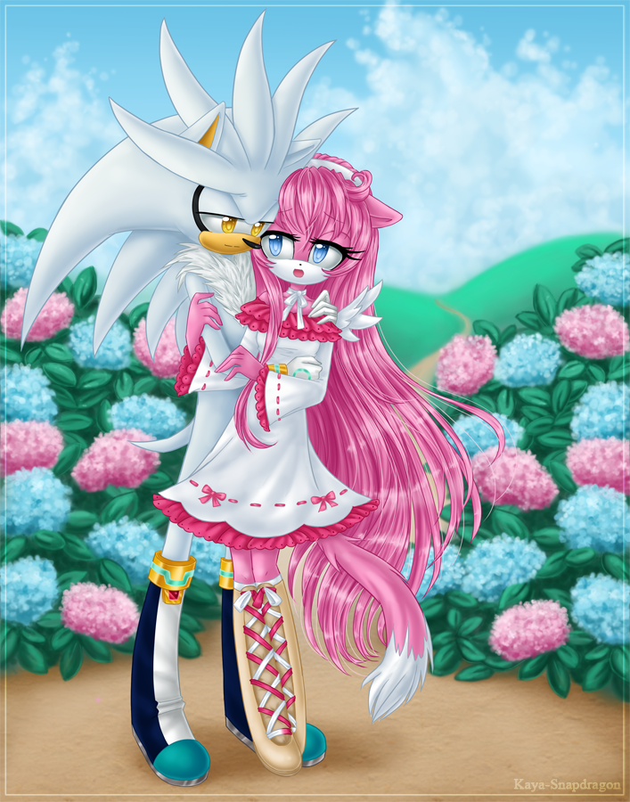 angel_wings, animal_ears, anthro, blue_eyes, couple, cuddle, dress, furry, hug, love, nadie_the_cat, oc, original, pink_hair, silver, silver_the_hedgehog, smile, sonic, sonic_(series), sonic_the_hedgehog, tail, white_dress, yuna--angel