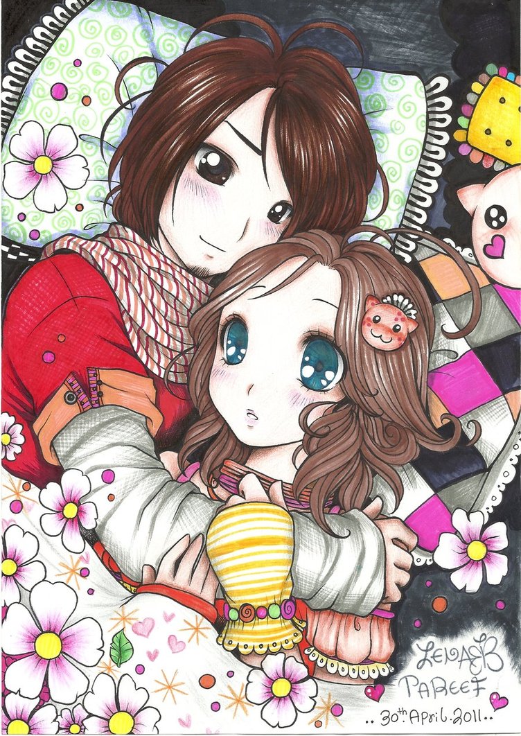 blue_eyes, blush, couple, cuddle, facial_hair, flower, hug, love, original, scarf, yuna--angel