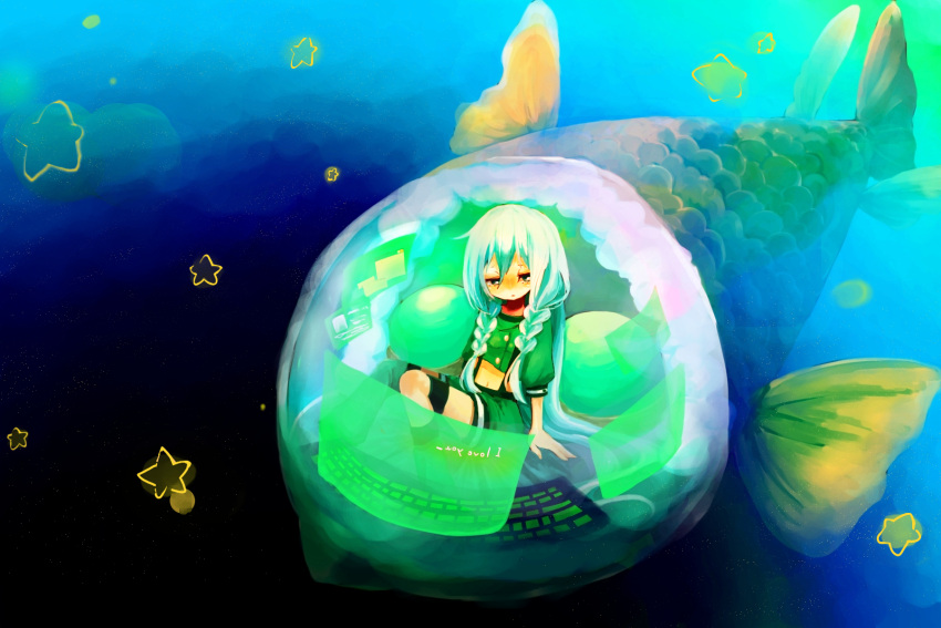 bad_id, barreleye_fish, braid, computer_keyboard, fish, highres, holographic_interface, ia_(vocaloid)