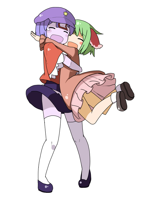 :d, ^_^, animal_ears, blush_stickers, closed_eyes, eyes_closed, footwear, glomp, green_hair, happy, hat, hug, jiangshi, kasodani_kyouko, miyako_yoshika, multiple_girls, nakashino_setsu, ofuda, open_mouth, pale_skin, short_hair, smile, socks, teardrop, thigh-highs, thighhighs, touhou, white_legwear, zettai_ryouiki