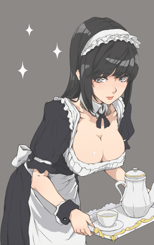black_hair, breasts, cleavage, cup, leaning_forward, lips, long_hair, maid