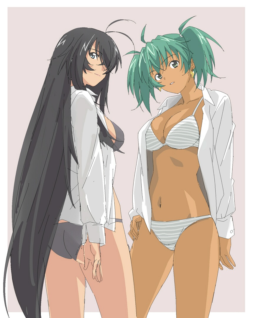 bad_id, banzai_nekomimi, bikini, black_bikini, black_hair, blue_eyes, breasts, cleavage, dark_skin, earrings, green_eyes, green_hair, hair_over_one_eye, ikkitousen, ikkitousen_great_guardians, jewelry, kan'u_unchou, kan'u_unchou, large_breasts, long_hair, looking_at_viewer, multiple_girls, navel, open_clothes, parted_lips, ryofu_housen, short_hair, simple_background, striped, striped_bikini, striped_swimsuit, swimsuit, twintails, very_long_hair