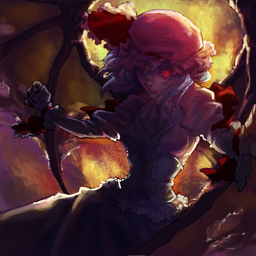 bat_wings, blue_hair, corset, dress, fangs, glowing, glowing_eyes, hat