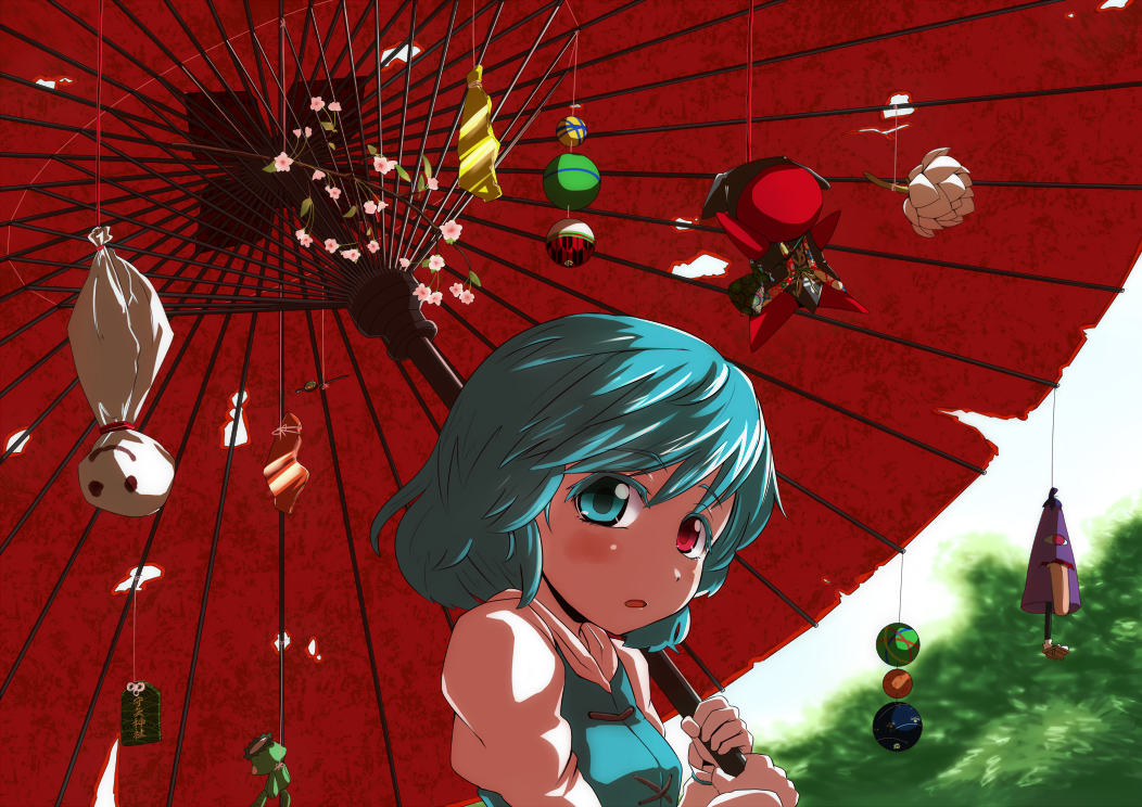 blue_eyes, blue_hair, bust, flower, heterochromia, kappa, karakasa_obake, lotus