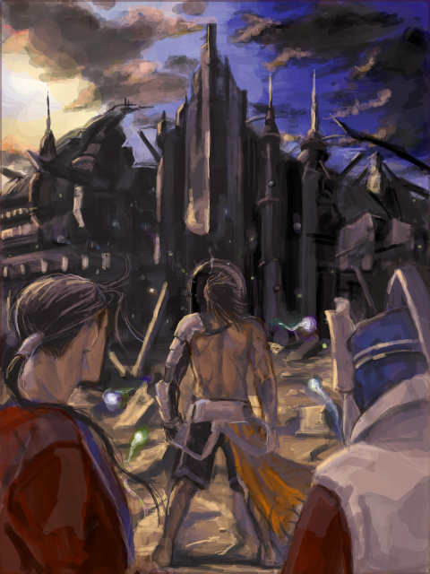 arisue_kanako, armor, auron, black_hair, braska, brown_hair, building, final_fantasy
