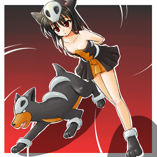 1girl, bare_shoulders, black_hair, costume, dress, houndour, leaning_forward, lowres