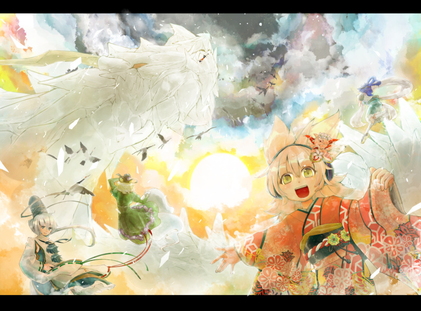 alternate_costume, bird, blue_eyes, blue_hair, brown_hair, dragon, dragon_god, earmuffs