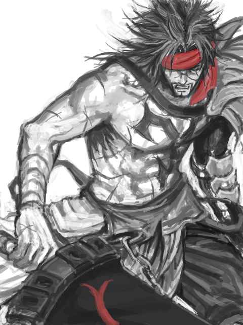 1boy, angry, arisue_kanako, armor, bandage, bandages, clenched_teeth, facial_hair, fighting_stance, final_fantasy, final_fantasy_x, headband, holding_weapon, jecht, long_hair, looking_at_viewer, male, monochrome, muscle, red, sash, scar, shirtless, solo, spot_color, standing, tattoo, weapon