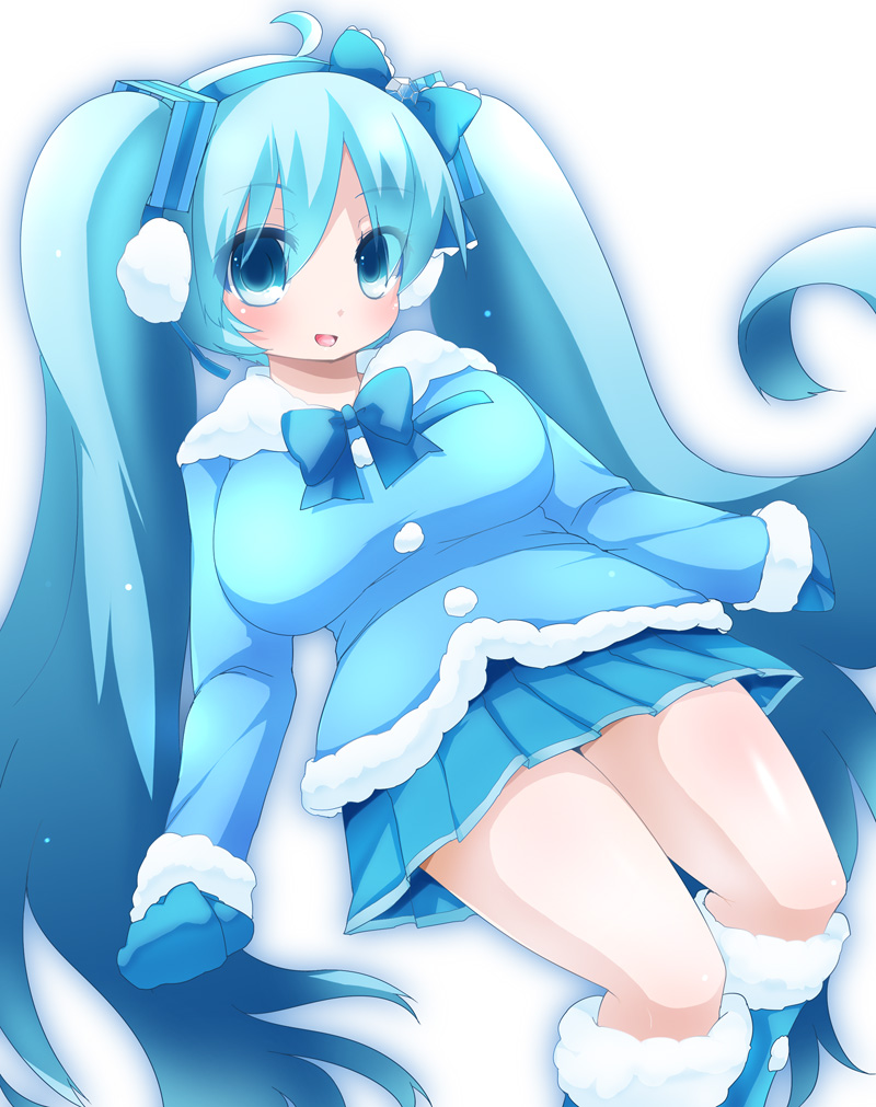 aqua_eyes, aqua_hair, blush, boots, bow, breasts, earmuffs, hatsune_miku