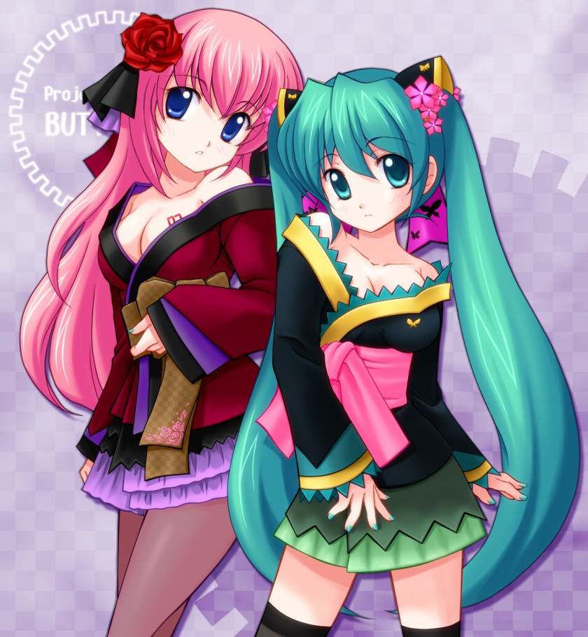 2girls, aoya_(hoshixii), aqua_eyes, aqua_hair, blue_eyes, breasts, cleavage, flower