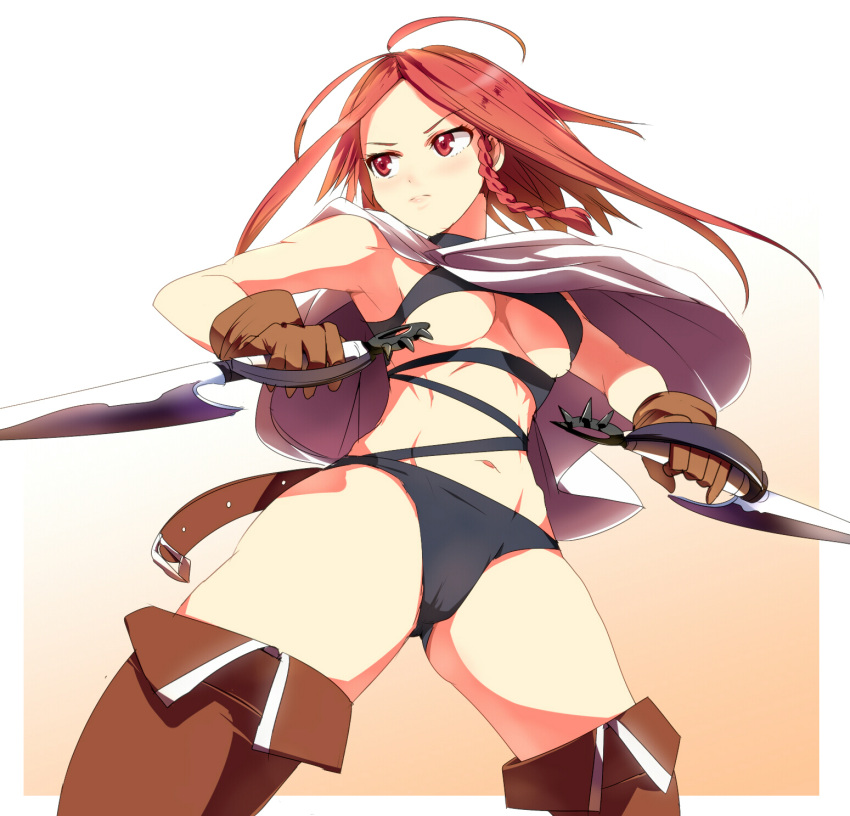 ahoge, armpits, bikini, black_bikini, boots, braid, breasts, brown_gloves