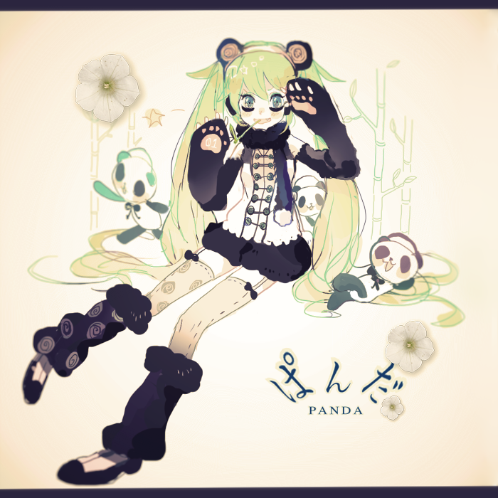 animal_costume, arms_up, bamboo, garter_straps, green_eyes, green_hair, hatsune_miku, headphones