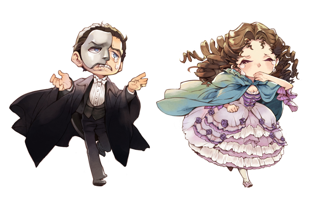 1boy, 1girl, blue_eyes, breasts, brown_hair, cape, chasing, chibi