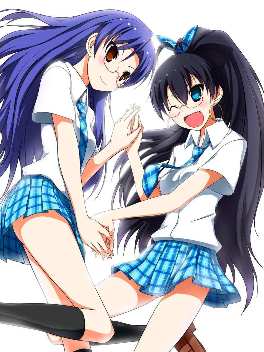 ;d, black_hair, blue_eyes, blue_hair, brown_eyes, earrings, fang, ganaha_hibiki, glasses, hair_ribbon, hand_holding, highres, holding_hands, hoop_earrings, idolmaster, jewelry, kisaragi_chihaya, kneehighs, long_hair, multiple_girls, necktie, open_mouth, ponytail, ribbon, rough_time_school, sagamihara_sakyou, school_uniform, skirt, smile, very_long_hair, wink