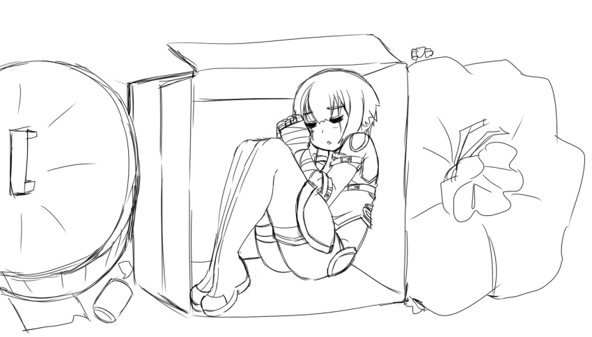 assassin_of_black, bandage, bandages, boots, box, cardboard_box, closed_eyes, eyes_closed
