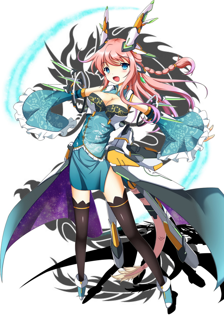 armor, breasts, cleavage, detached_sleeves, dragon, dragon_girl, dress, eastern_dragon