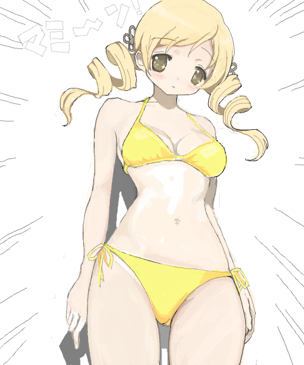 bikini, blonde_hair, blush, breasts, cleavage, drill_hair, from_below, juuyon