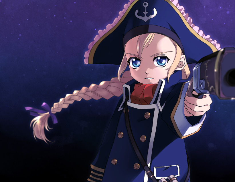 aiming, binoculars, blonde_hair, blue_background, blue_eyes, braid, coat, enomoto_(luck-by-luck), foreshortening, gun, handgun, hat, long_hair, patty_fleur, pirate_hat, serious, solo, tales_of_(series), tales_of_vesperia, weapon