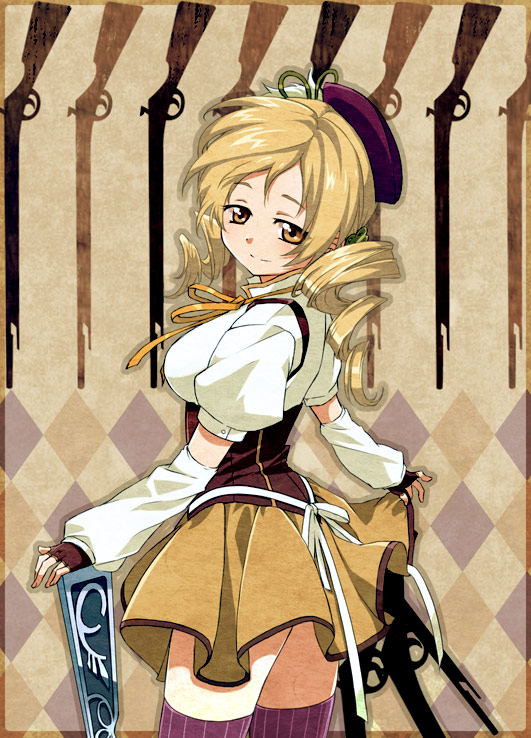 argyle, argyle_background, beret, blonde_hair, brown_background, detached_sleeves, drill_hair, enomoto_(luck-by-luck), fingerless_gloves, gloves, gun, hat, magical_girl, magical_musket, mahou_shoujo_madoka_magica, puffy_detached_sleeves, puffy_short_sleeves, puffy_sleeves, rifle, short_hair, short_sleeves, smile, solo, tomoe_mami, twin_drills, twintails, vertical-striped_legwear, vertical_stripes, weapon, yellow_eyes