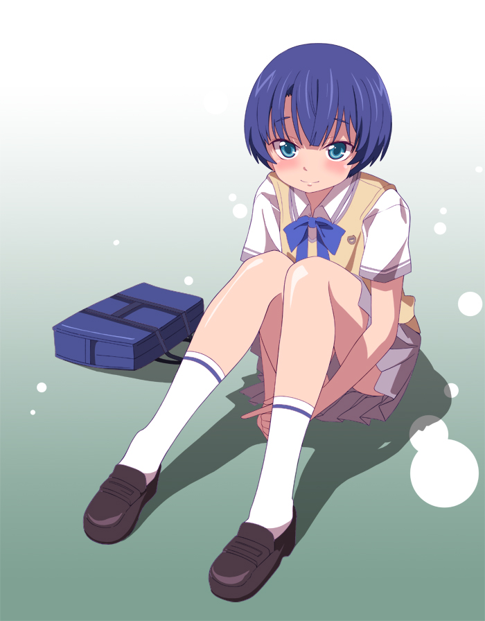 ano_natsu_de_matteru, bag, blue_eyes, blue_hair, blush, bow, kaltoma, school_uniform, short_hair, sitting, skirt, smile, solo, sweater_vest, tanigawa_kanna