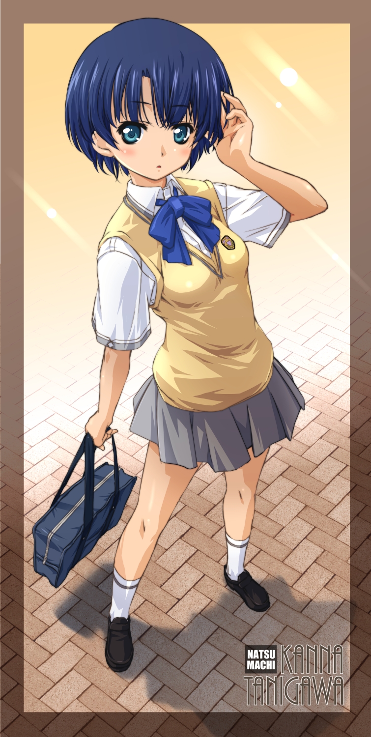 ano_natsu_de_matteru, bag, blue_eyes, blue_hair, bow, highres, loafers, mao9721