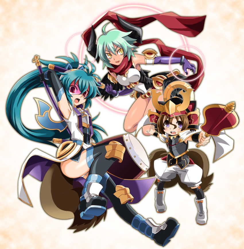 ahoge, armor, asagi_(shinrabanshou), blue_hair, brown_hair, character_request, elbow_gloves, gloves