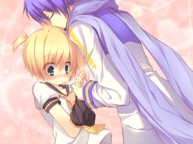 bad_id, blonde_hair, blush, closed_eyes, eyes_closed, green_eyes, hand_holding, heart, holding_hands, kagamine_len, kaito, multiple_boys, scarf, unjou_takehiro, vocaloid, yaoi