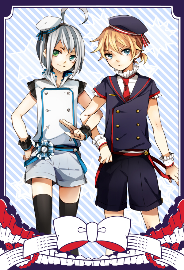 ahoge, androgynous, aqua_eyes, bere, beret, blonde_hair, blue_eyes, hat, heterochromia, kagamine_len, multiple_boys, necktie, sailor_hat, short_hair, silver_hair, smile, tama_(songe), thigh-highs, thighhighs, utatane_piko, vocaloid, wrist_cuffs
