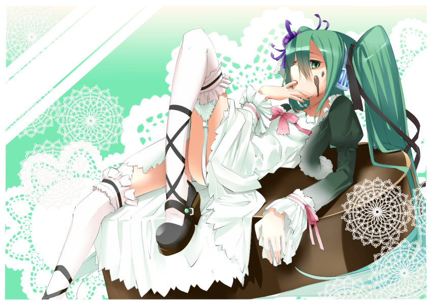 ankle_lace-up, chocolate, cross-laced_footwear, doily, dress, finger_licking, food, food_on_face
