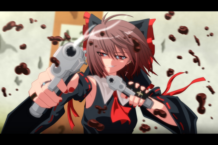 alternate_color, anime_coloring, armpits, ascot, black_dress, bow, brown_eyes, brown_hair