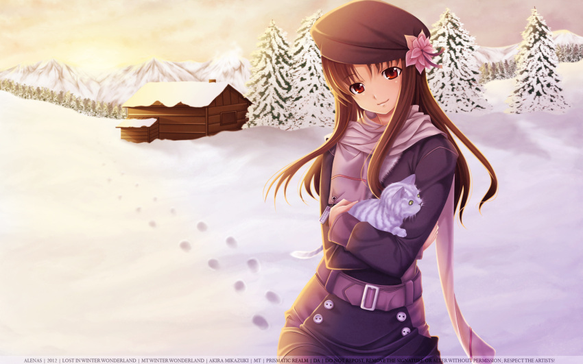 animal, belt, beret, brown_hair, cabin, coat, dusk, english