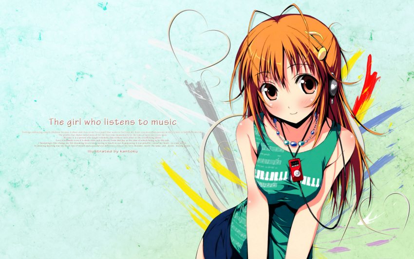 abstract_background, antenna_hair, blush, breasts, earphones, heart, highres, ipod, kantoku, looking_at_viewer, musical_note, necklace, orange_hair, original, piano_keys, sleeveless_shirt, text, wallpaper
