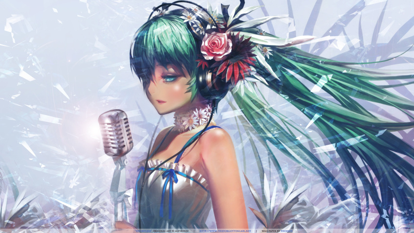 blue_eyes, blush, dress, flower, green_hair, hatusune_miku, long_hair, mic, twintails, vocaloid, widescreen