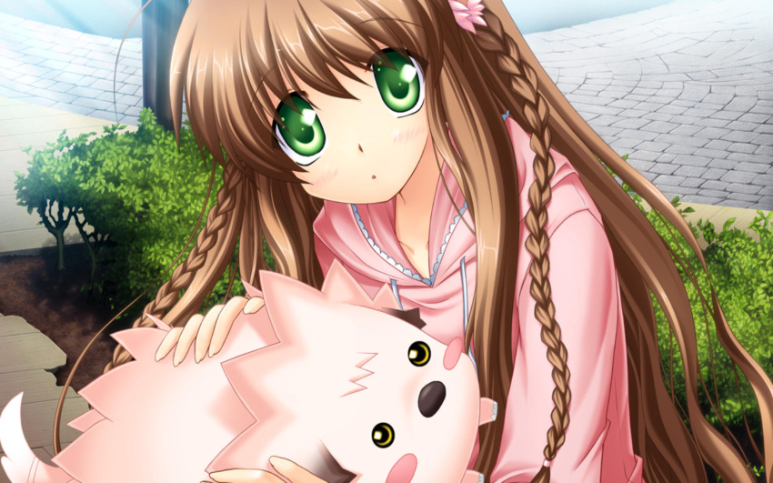 animal, braids, brown_hair, chibimosu, game_cg, green_eyes, hinoue_itaru, kanbe_kotori, long_hair, rewrite