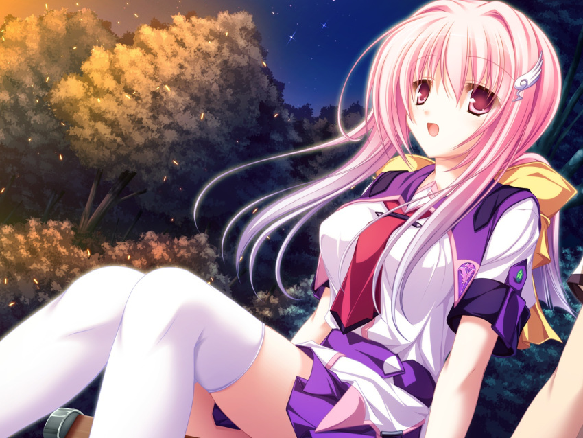 77, game_cg, night, panties, pink_hair, purple_eyes, seifuku, thighhighs