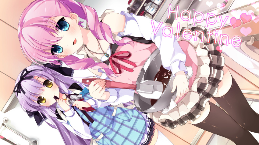apron, aqua_eyes, black_legwear, blue_eyes, blush, bowl, chocolate, detached_sleeves