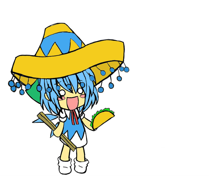 1girl, :d, ?, blue_hair, blush_stickers, chibi, cirno, eyes, fairy, flat_color, hat, idiot, mexican, mexico, moron, o_o, open_mouth, short_hair, simple_background, smile, solo, sombrero, spanish, stick, strongest, taco, team_shanghai_alice, touhou, white_background, wings, zun