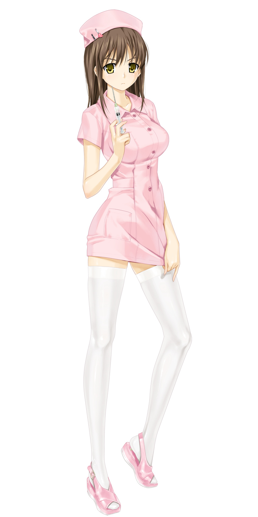 1girl, blush, breasts, brown_hair, buttons, closed_mouth, daimonji_emi, female
