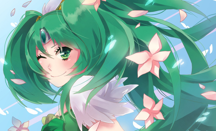 cure_march, green_eyes, green_hair, long_hair, magical_girl, midorikawa_nao, petals, precure